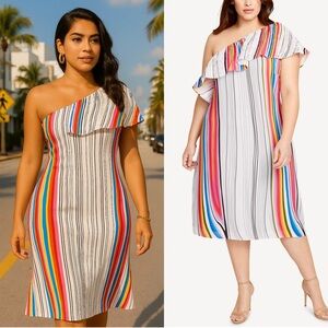 RACHEL ROY Rainbow Stripe Asymmetric Ruffle‎ 1 Shoulder Sleeveless Midi Dress 3X